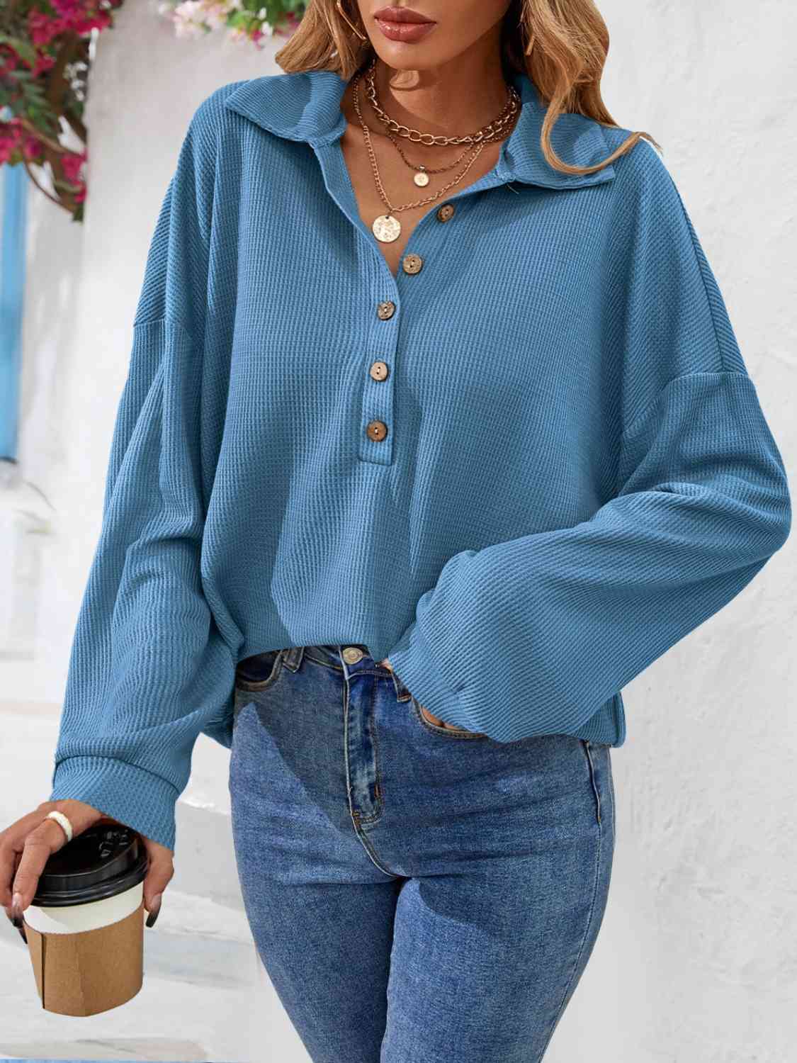 Half Button Collared Neck Long Sleeve Top - AllIn Computer