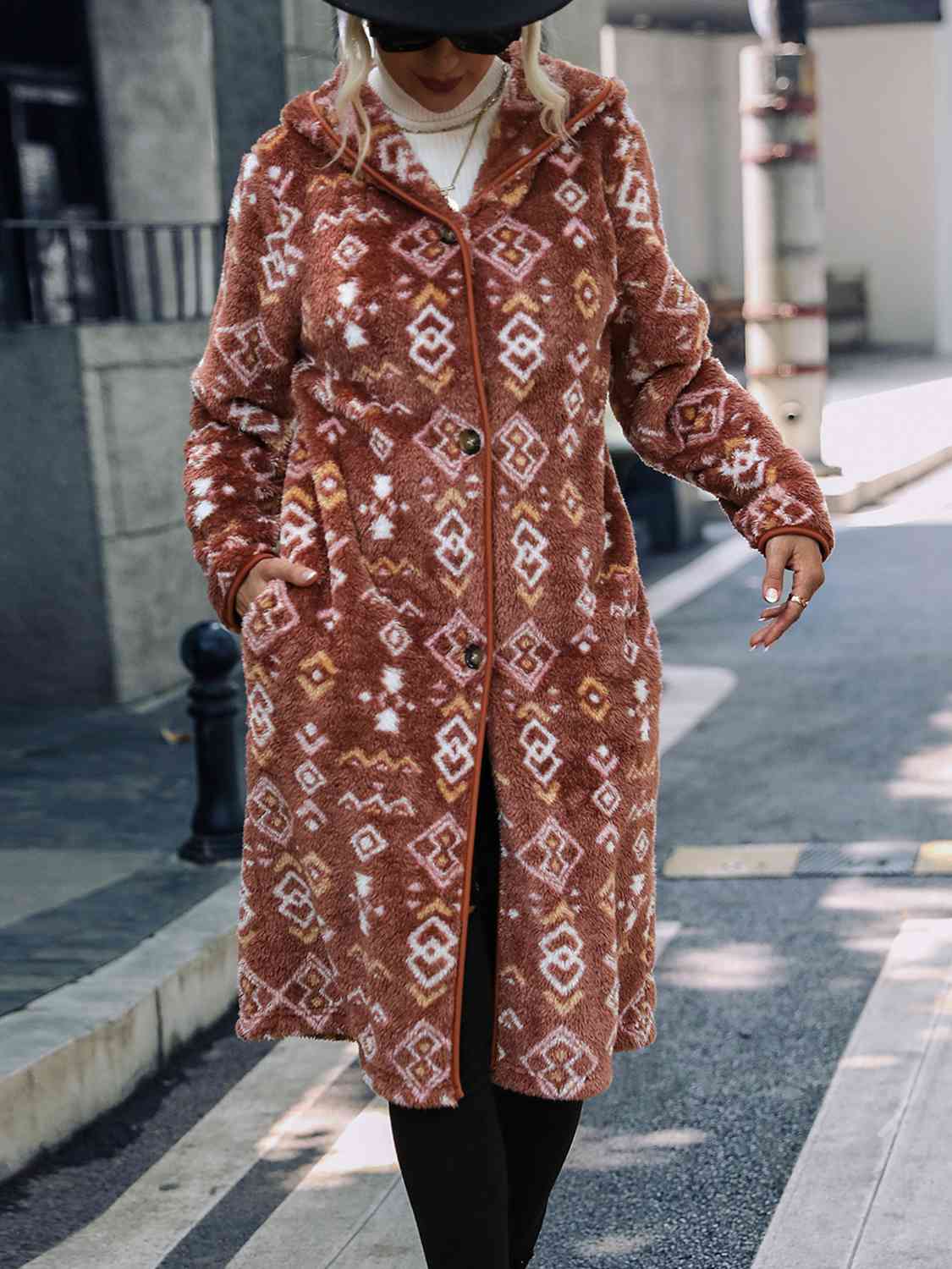 Geometric Button Down Hooded Fleece Coat - AllIn Computer