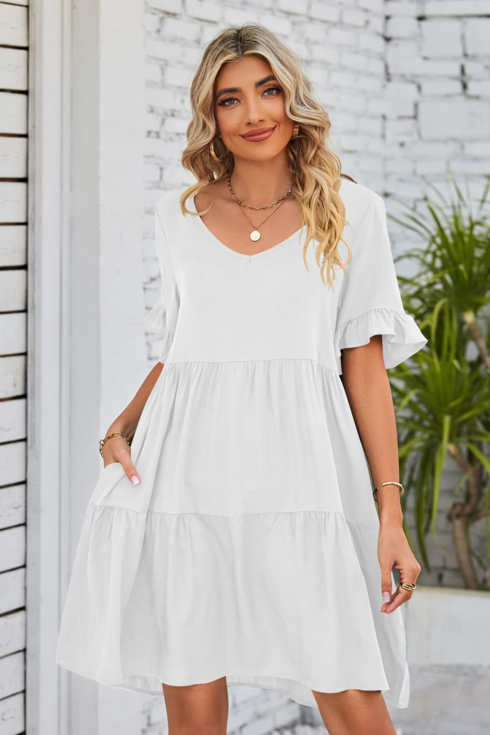 V-Neck Flounce Sleeve Tiered Dress - AllIn Computer