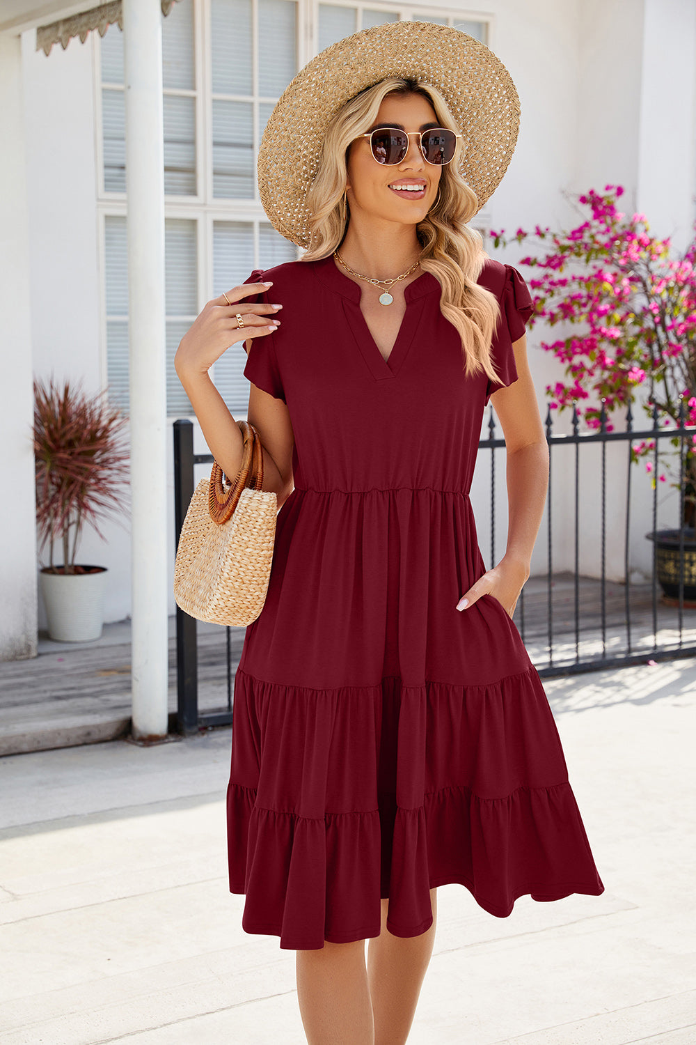 Ruched Notched Cap Sleeve Dress - AllIn Computer