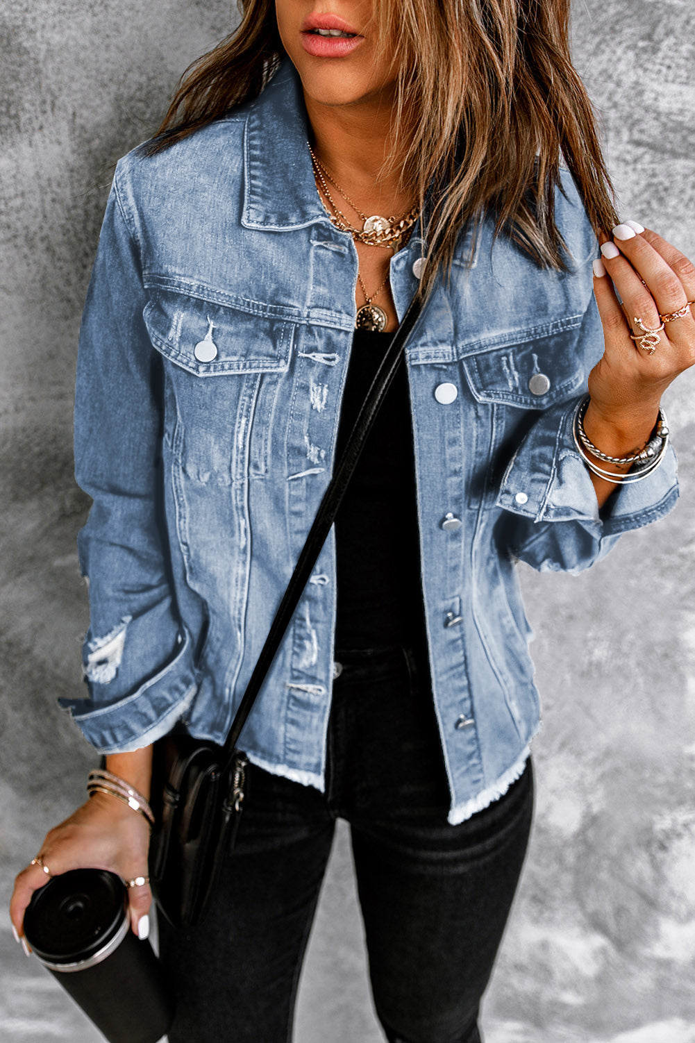 Distressed Raw Hem Denim Jacket - AllIn Computer