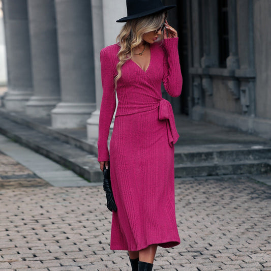 Surplice Neck Tied Long Sleeve Dress - AllIn Computer