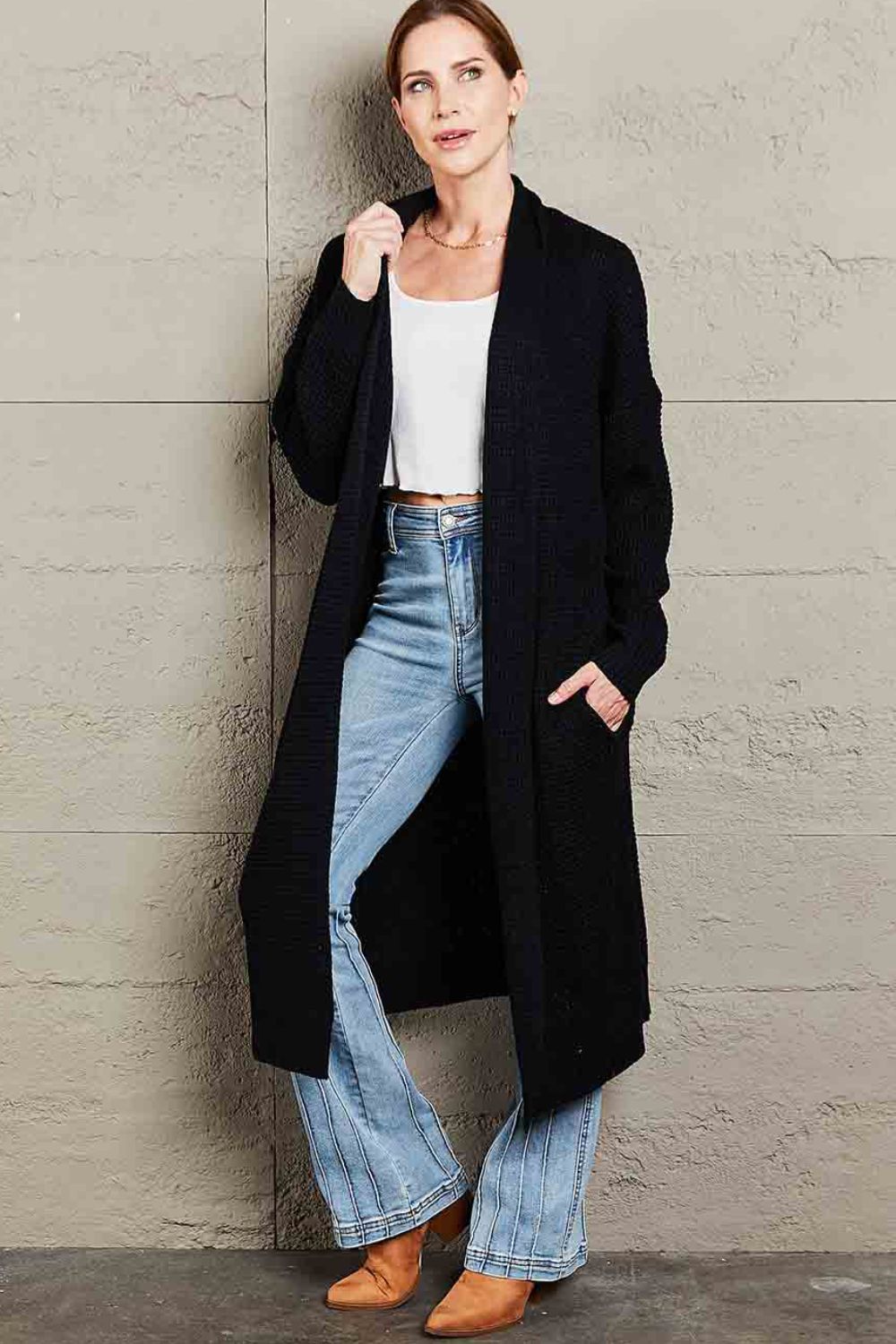 Double Take Waffle Knit Open Front Duster Cardigan With Pockets - AllIn Computer