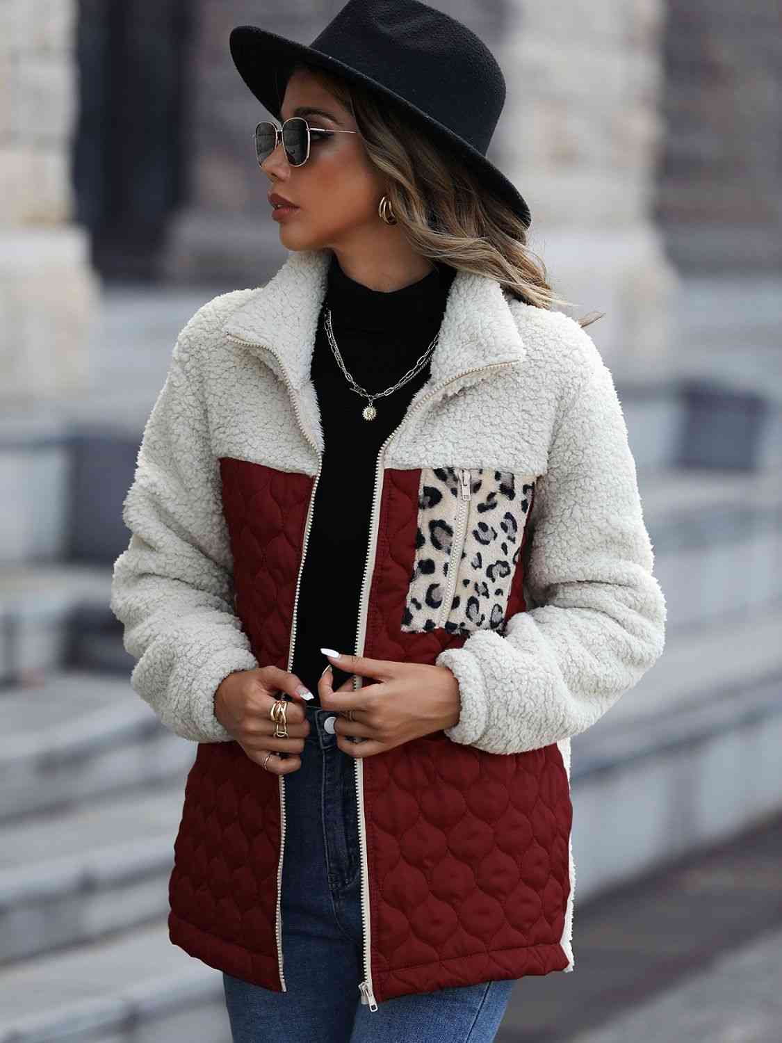 Leopard Color Block Zip-Up Jacket - AllIn Computer