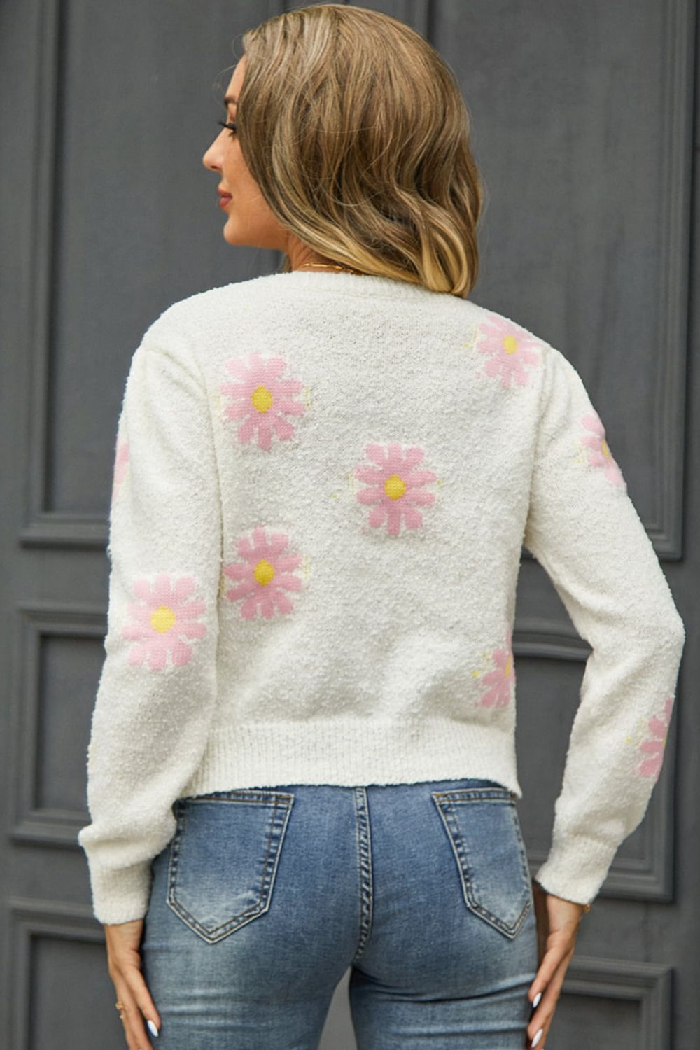 Flower Pattern Round Neck Short Sleeve Pullover Sweater - AllIn Computer