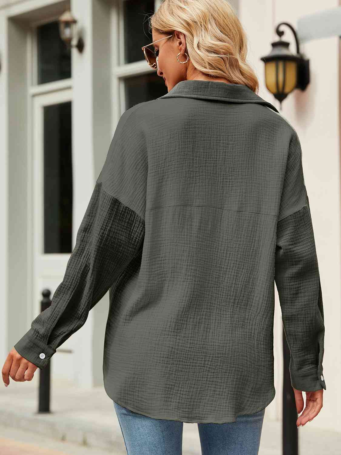Button Up Collared Neck Drop Shoulder Shirt - AllIn Computer