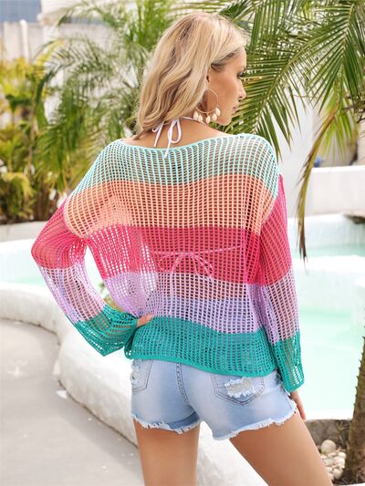 Color Block Openwork Boat Neck Cover Up - AllIn Computer