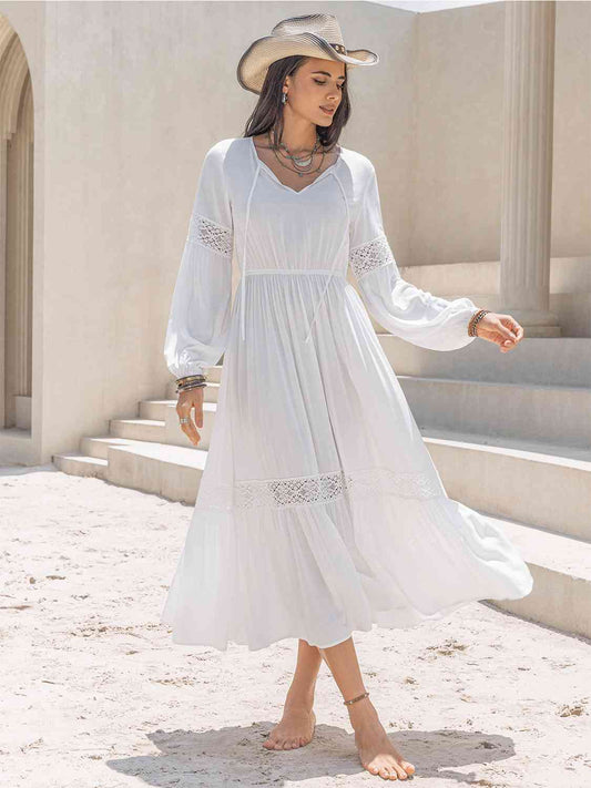 Tie Neck Balloon Sleeve Midi Dress - AllIn Computer