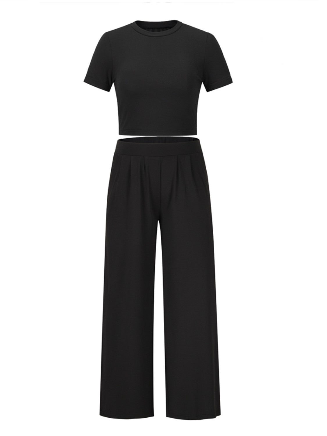 Round Neck Short Sleeve Top and Pocketed Pants Set - AllIn Computer