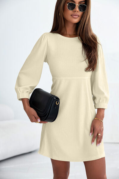 Ribbed Round Neck Balloon Sleeve Mini Dress - AllIn Computer