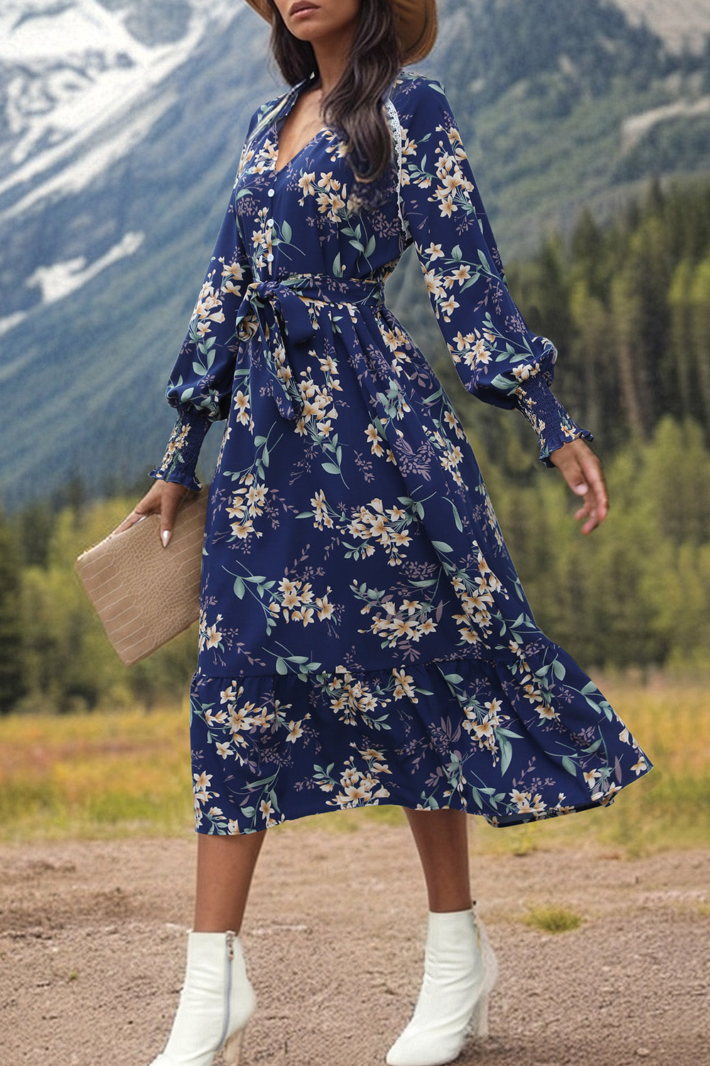 Printed Notched Lantern Sleeve Midi Dress - AllIn Computer