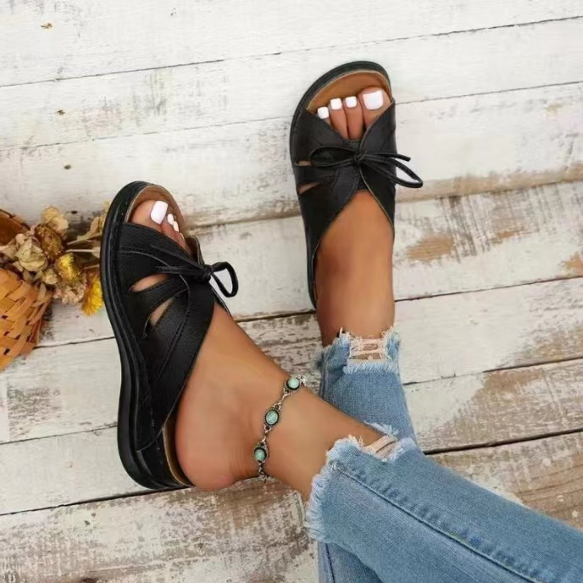 Tied Open Toe Low Heel Sandals - AllIn Computer