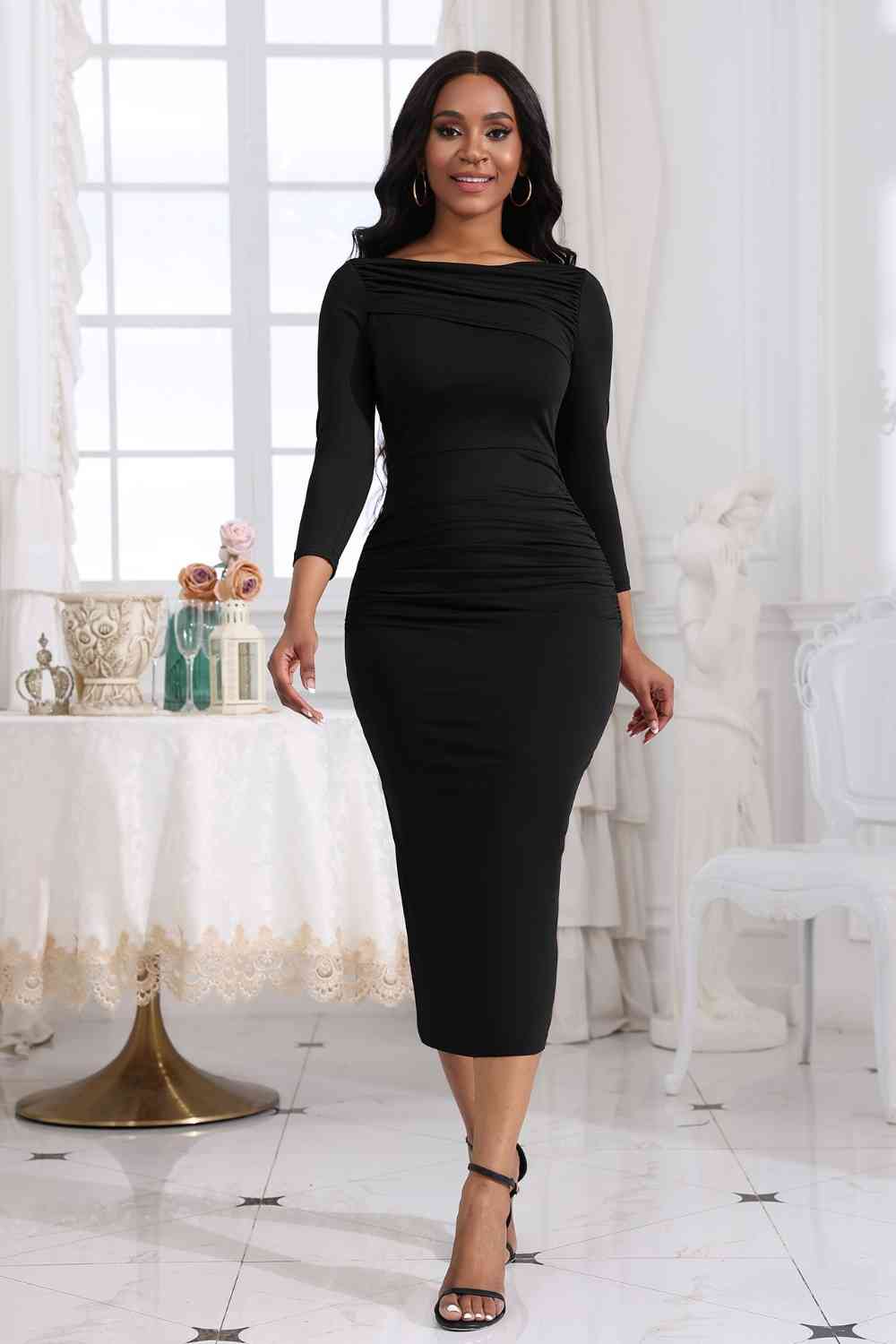 Ruched Boat Neck Midi Dress - AllIn Computer