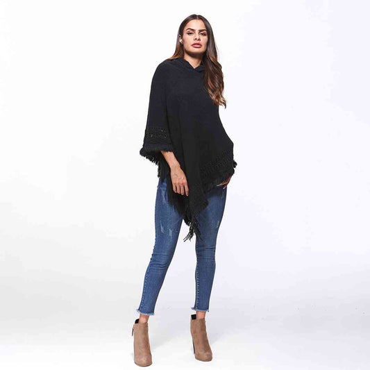 Openwork Fringe Hem Hooded Poncho - AllIn Computer