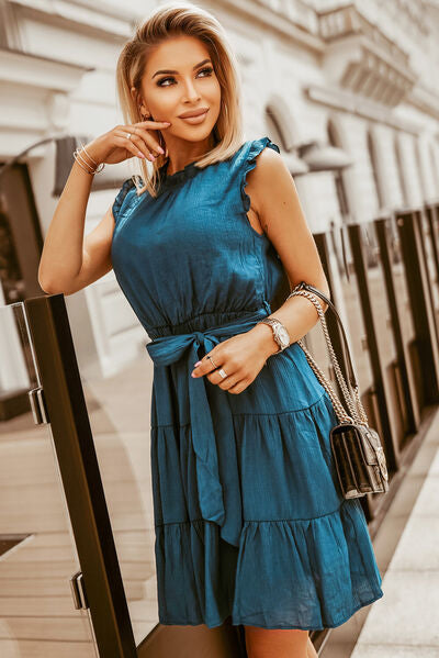 Frill Tied Round Neck Sleeveless Tiered Dress - AllIn Computer