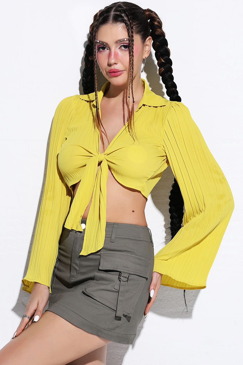 Tie Front Johnny Collar Flare Sleeve Cropped Top - AllIn Computer
