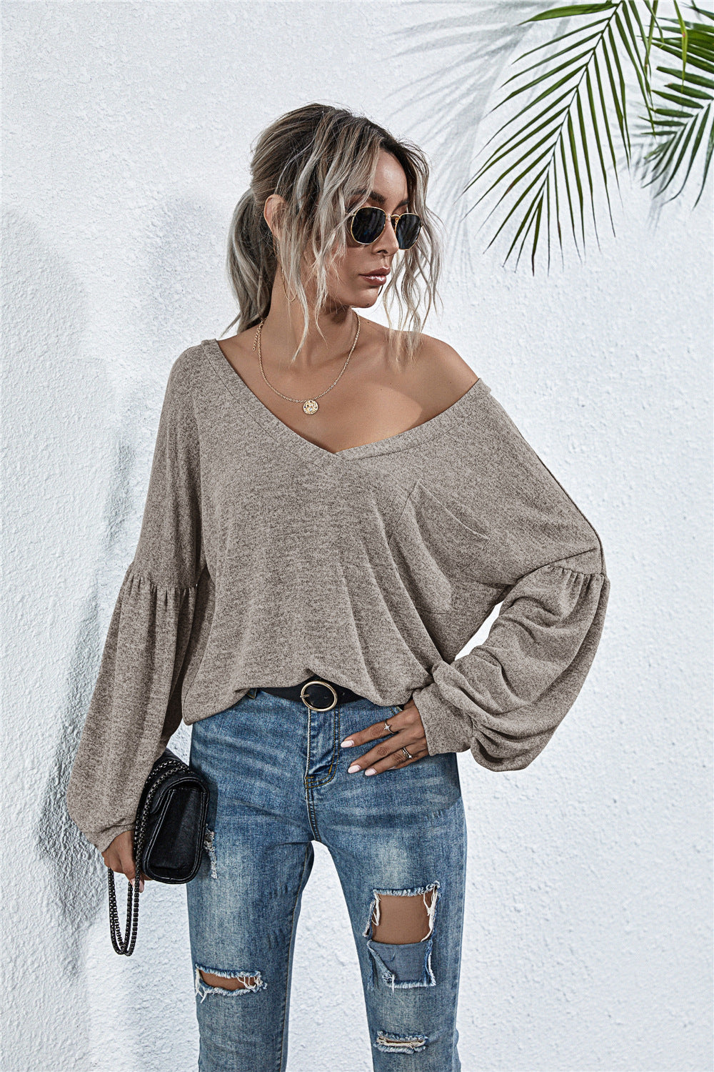 V-Neck Long Sleeve Dropped Shoulder Knit Top - AllIn Computer
