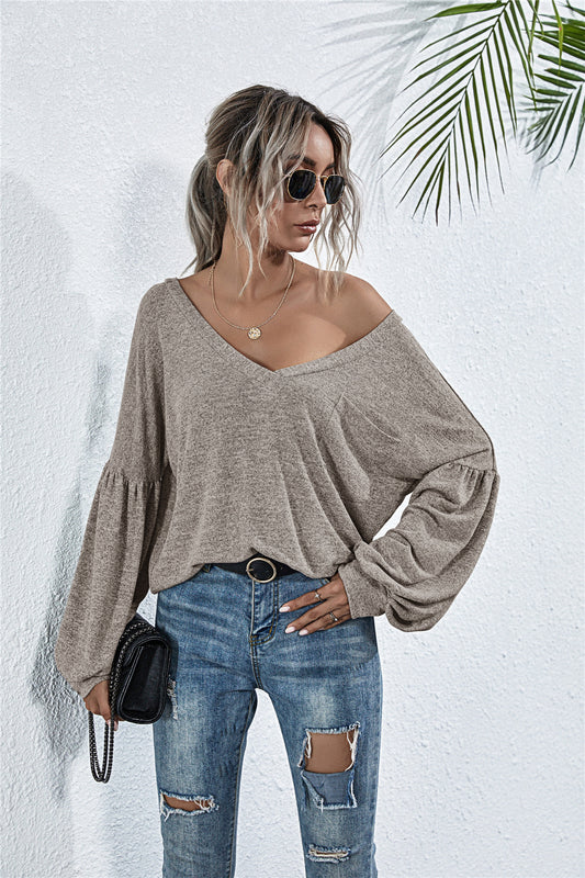 V-Neck Long Sleeve Dropped Shoulder Knit Top - AllIn Computer