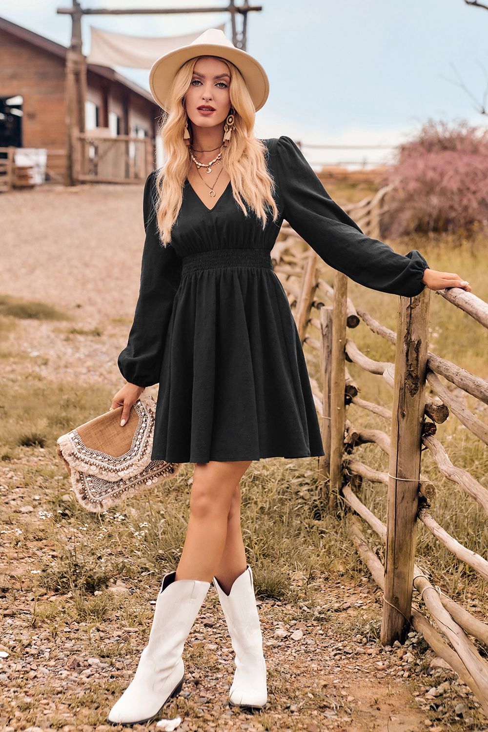 V-Neck Long Sleeve Smocked Waist Mini Dress - AllIn Computer