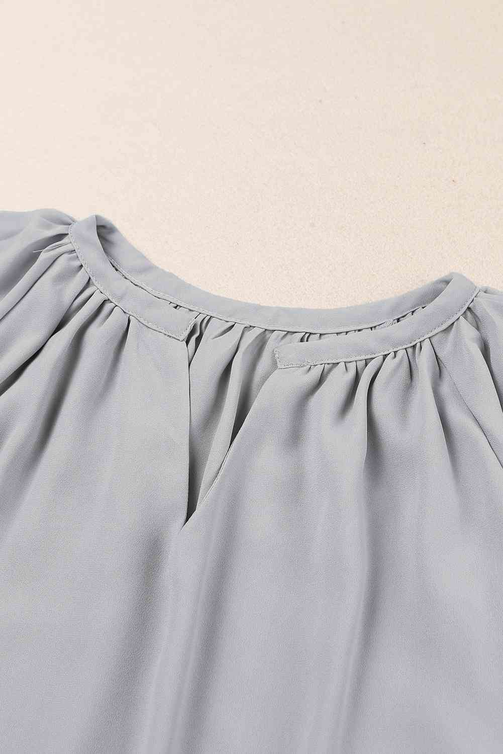 Gathered Detail Notched Neck Flutter Sleeve Top - AllIn Computer