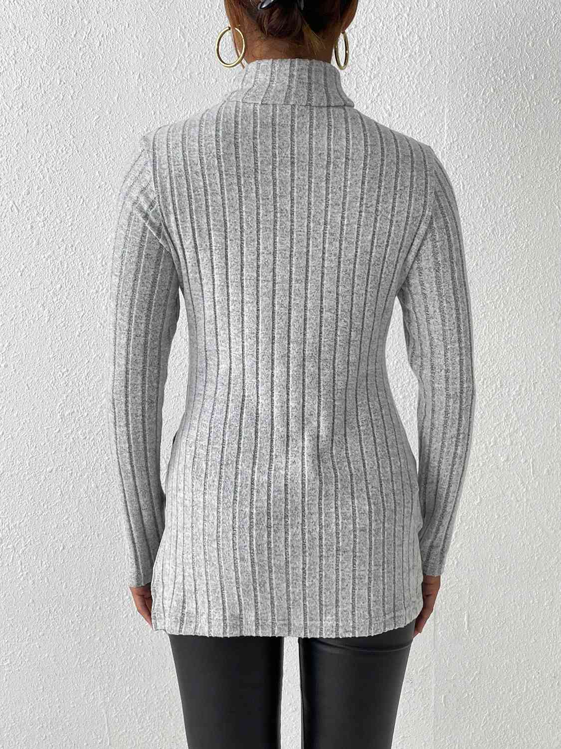 Ribbed Turtleneck Long Sleeve Slit T-Shirt - AllIn Computer