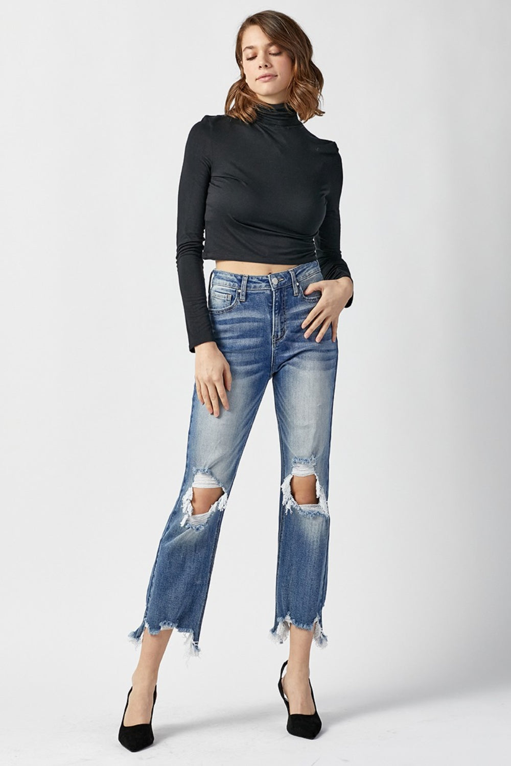 RISEN High Waist Distressed Frayed Hem Cropped Straight Jeans - AllIn Computer