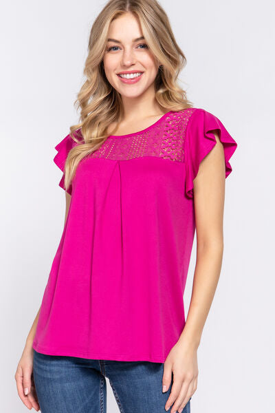 ACTIVE BASIC Ruffle Short Sleeve Lace Detail Knit Top - AllIn Computer