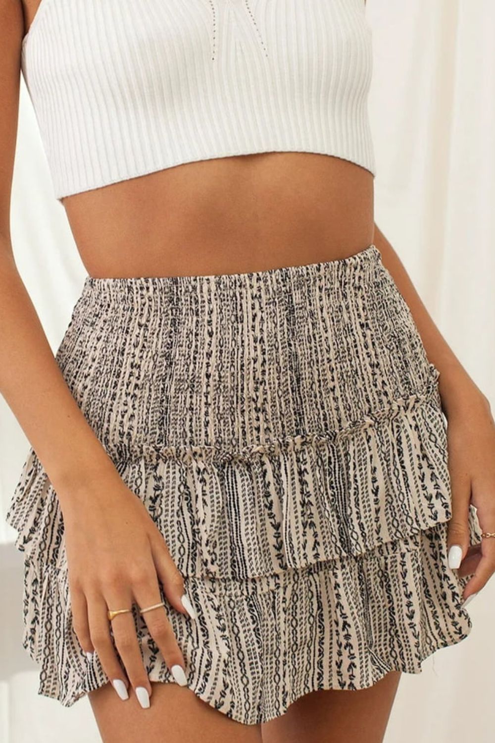 Printed Frill Trim Smocked Mini Skirt - AllIn Computer