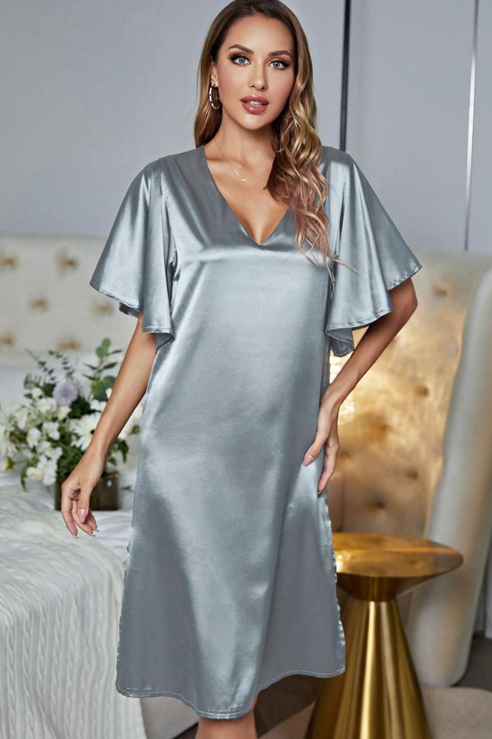 Satin Flutter Sleeve Side Slit V-Neck Night Dress - AllIn Computer