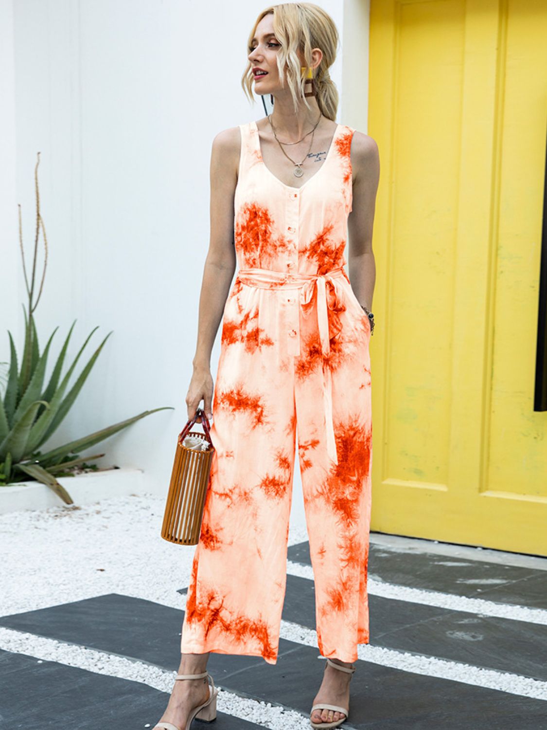 Tie-Dye Tie Waist Sleeveless Jumpsuit - AllIn Computer