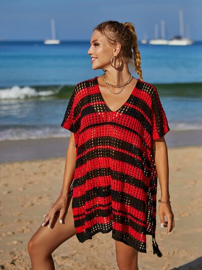 Tassel Openwork Striped V-Neck Cover Up - AllIn Computer
