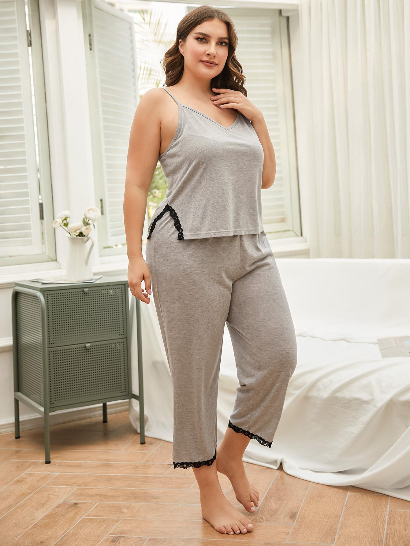 Plus Size Lace Trim Slit Cami and Pants Pajama Set - AllIn Computer