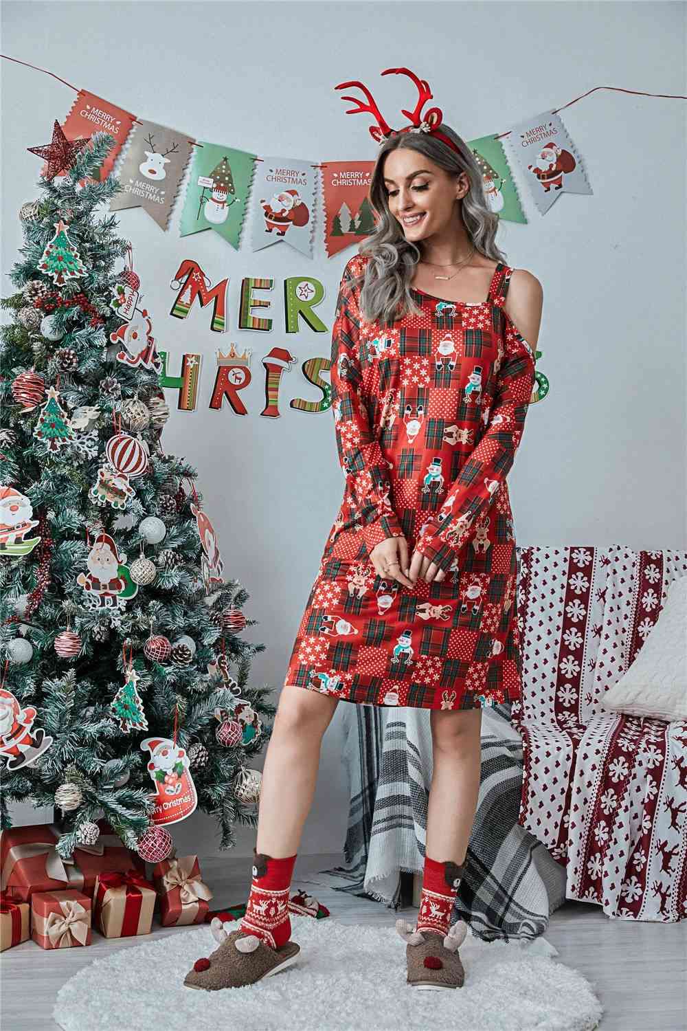 Christmas Asymmetrical Neck Long Sleeve Dress - AllIn Computer