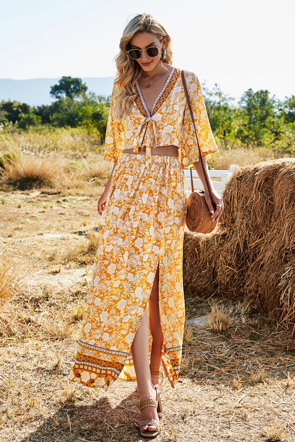 Printed Half Sleeve Top and Slit Skirt Set - AllIn Computer