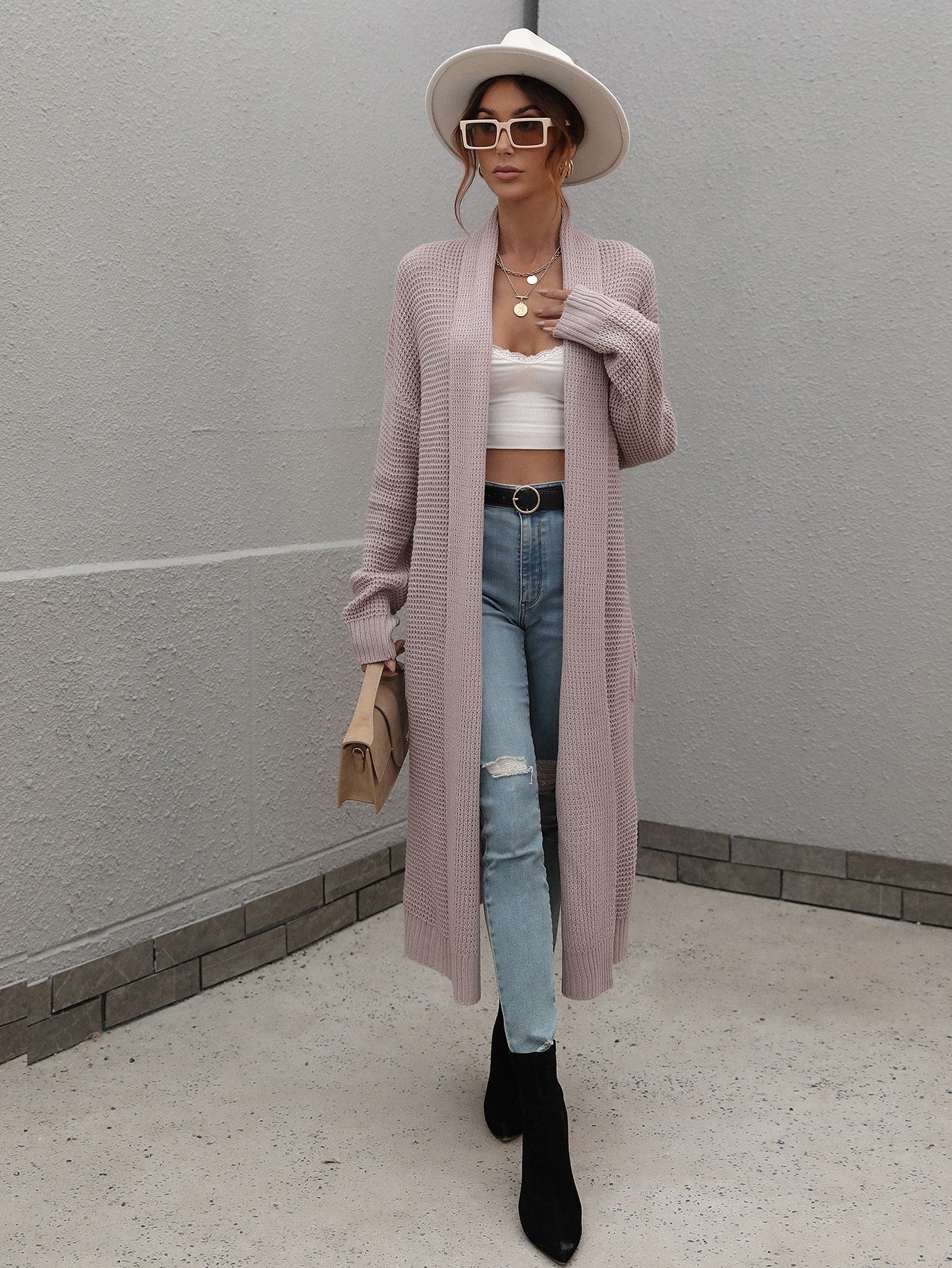 Double Take Waffle Knit Open Front Duster Cardigan With Pockets - AllIn Computer
