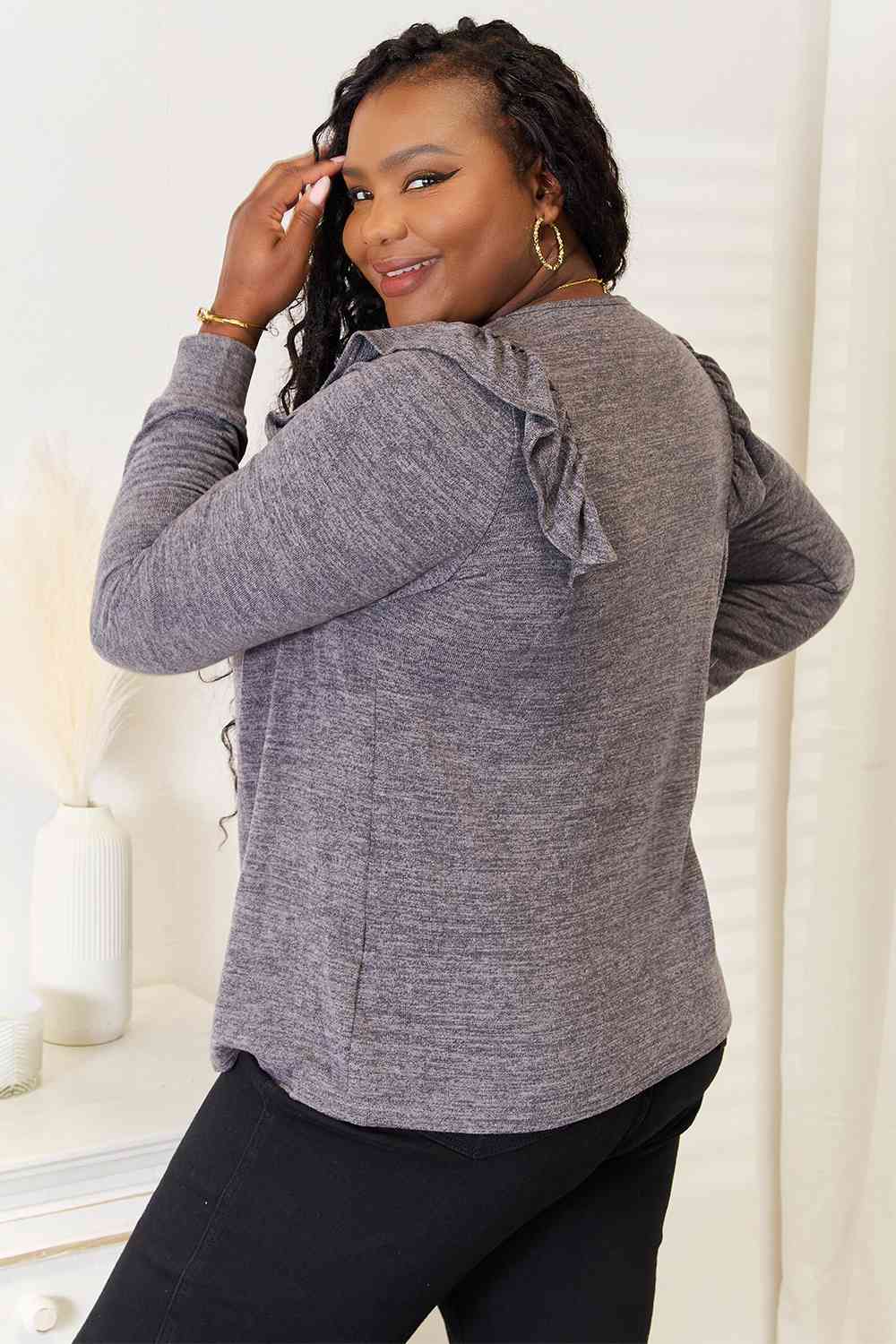 Double Take Square Neck Ruffle Shoulder Long Sleeve T-Shirt - AllIn Computer