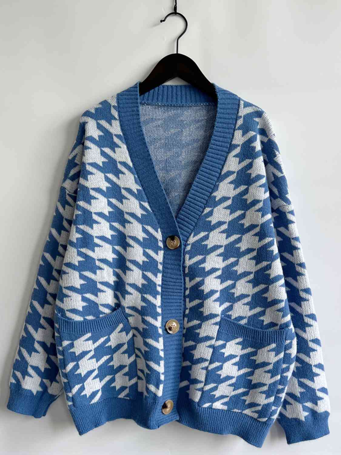 Houndstooth Botton Front  Cardigan with Pockets - AllIn Computer