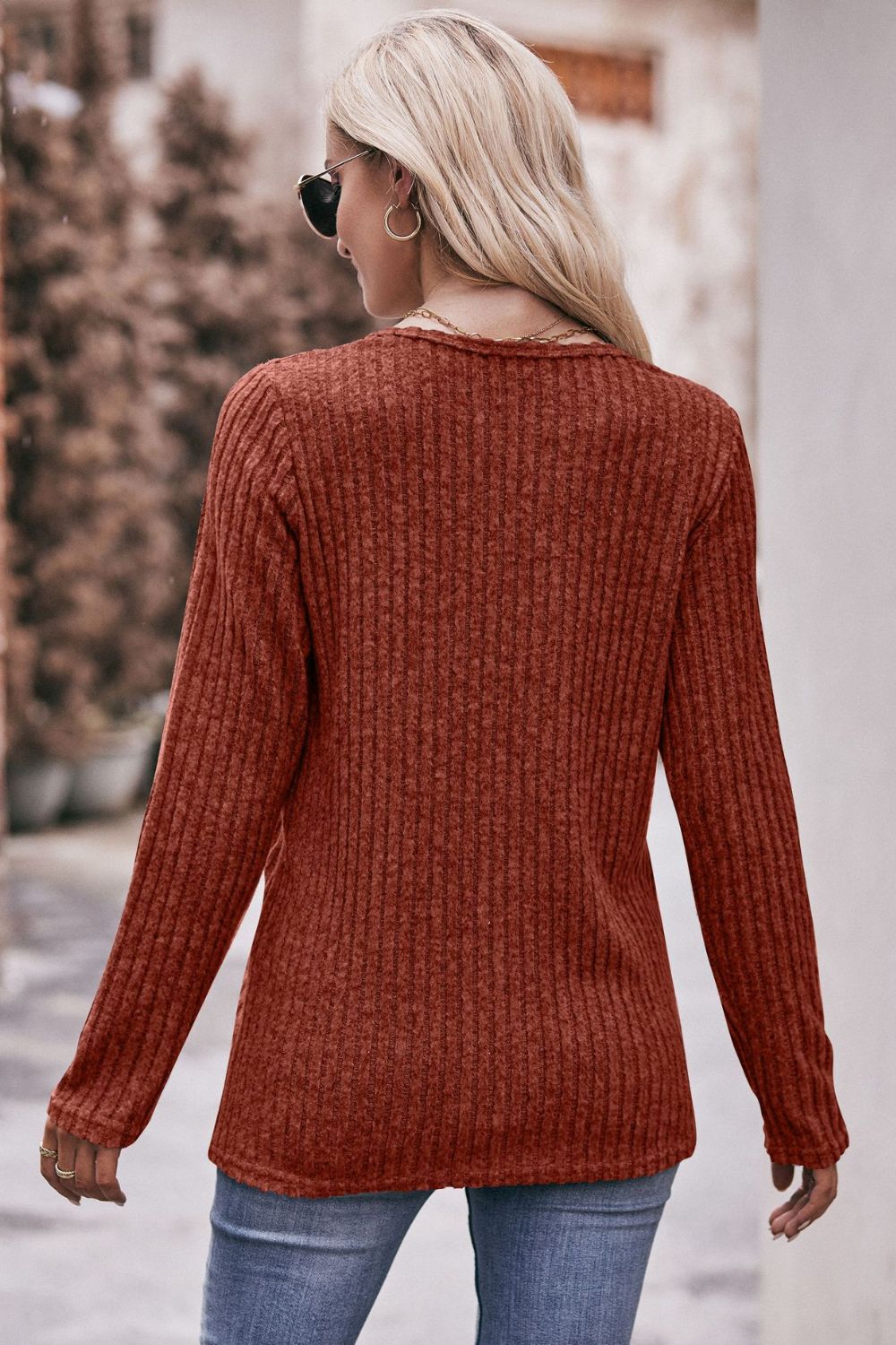 Double Take Ribbed Round Neck Buttoned Tee - AllIn Computer