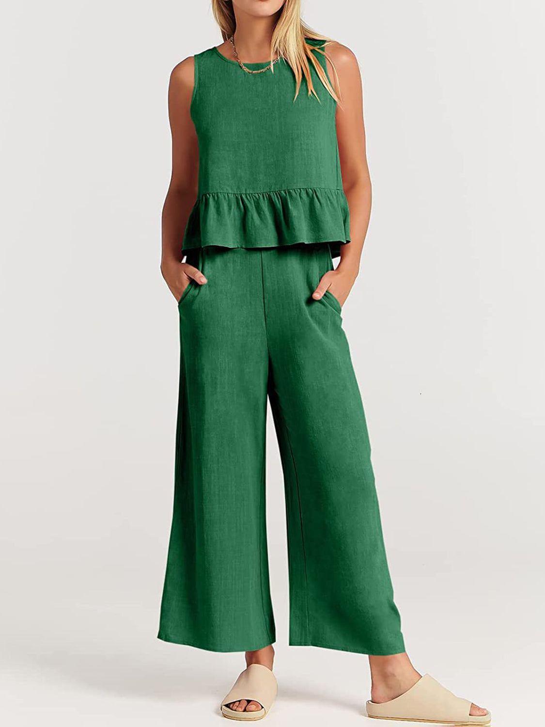 Full Size Round Neck Top and Wide Leg Pants Set - AllIn Computer