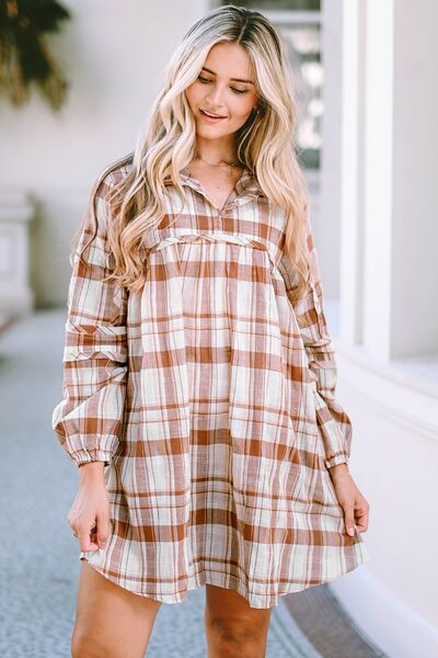 Plaid Long Sleeve Babydoll Mini Dress - AllIn Computer