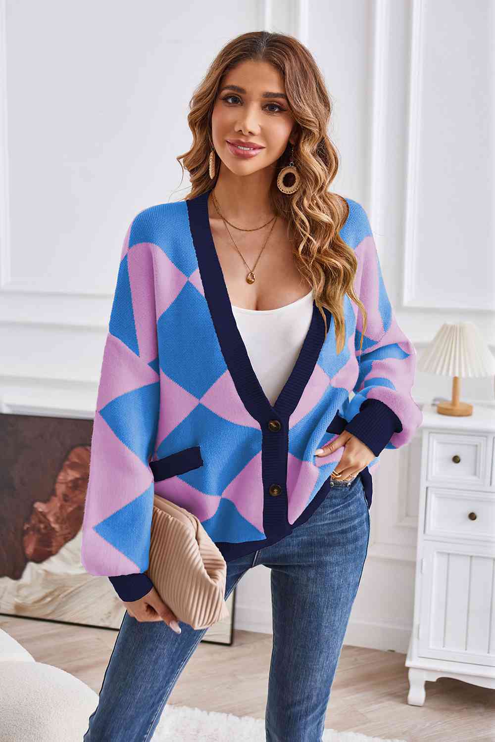 Geometric Lantern Sleeve Cardigan with Pockets - AllIn Computer