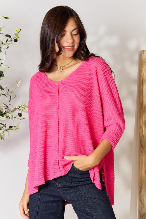 Zenana Full Size Round Neck High-Low Slit Knit Top - AllIn Computer