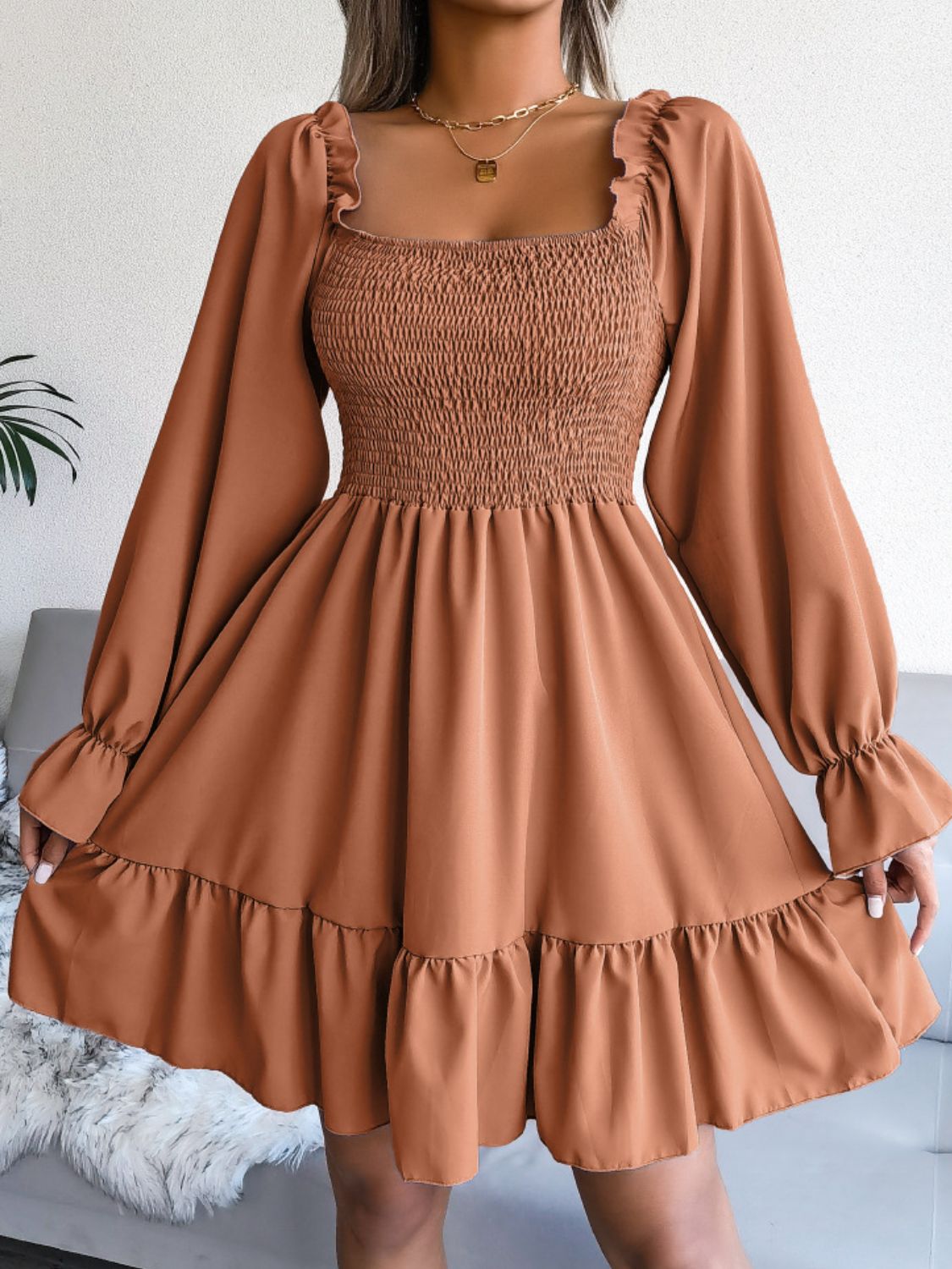 Smocked Flounce Sleeve Square Neck Dress - AllIn Computer