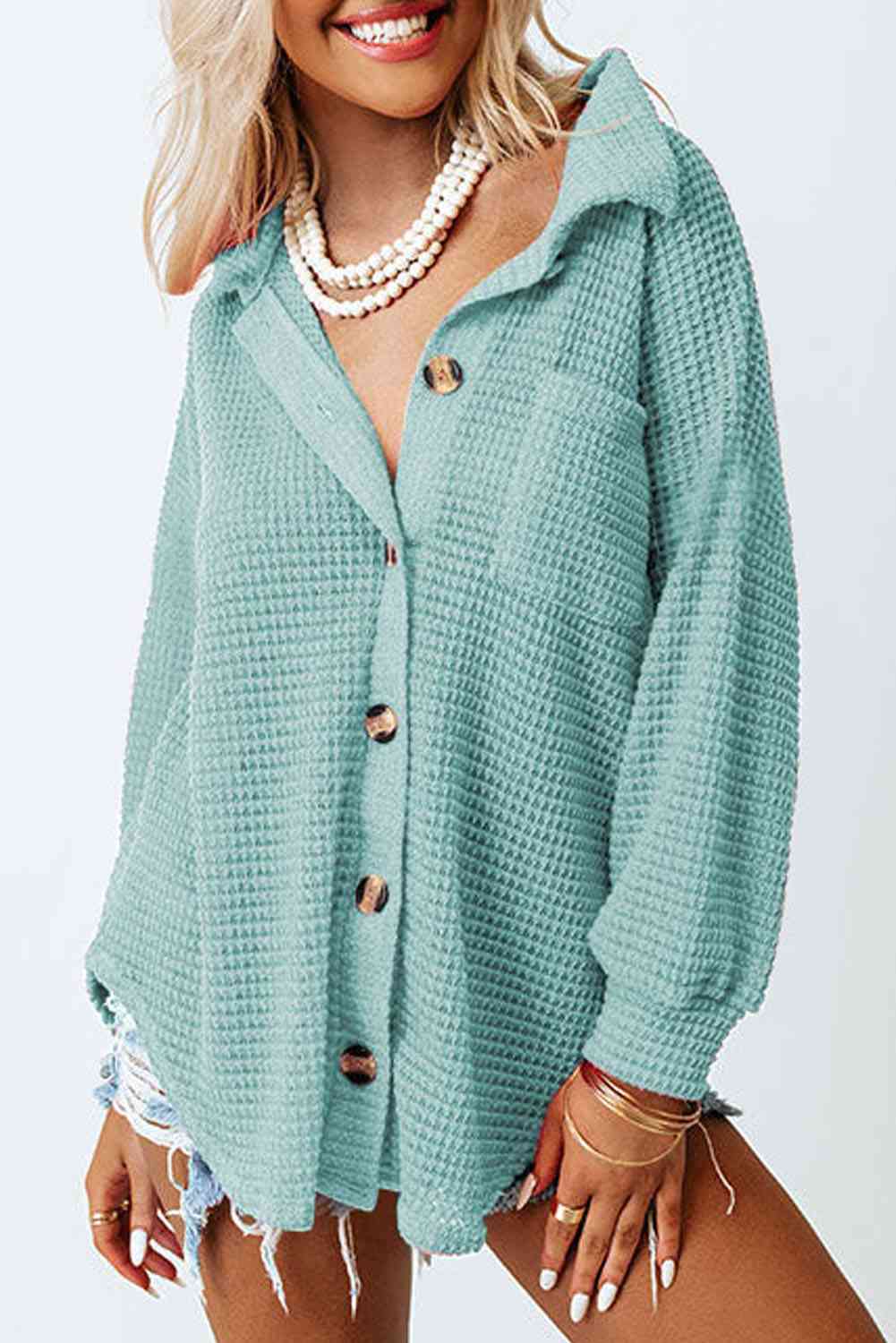 Waffle-Knit Button Up Long Sleeve Shirt with Pocket - AllIn Computer
