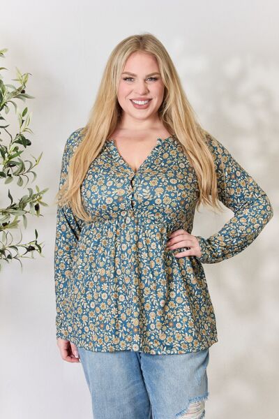 Heimish Full Size Floral Half Button Long Sleeve Blouse - AllIn Computer