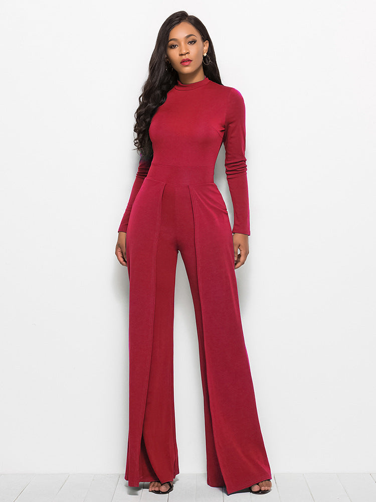 Long Sleeve Mock Neck Wide Leg Jumpsuit - AllIn Computer