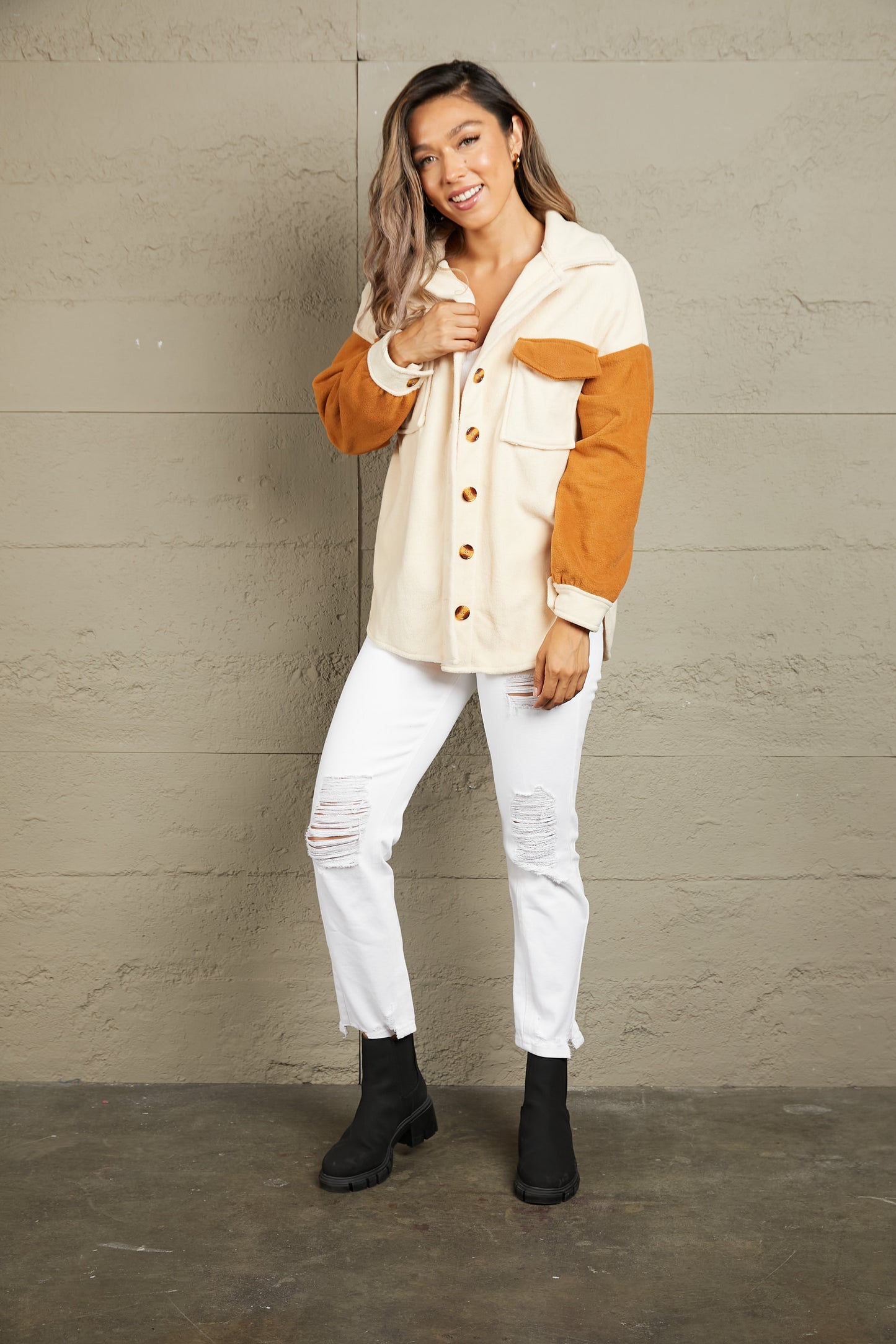 Double Take Contrast Button-Up Fleece Jacket - AllIn Computer