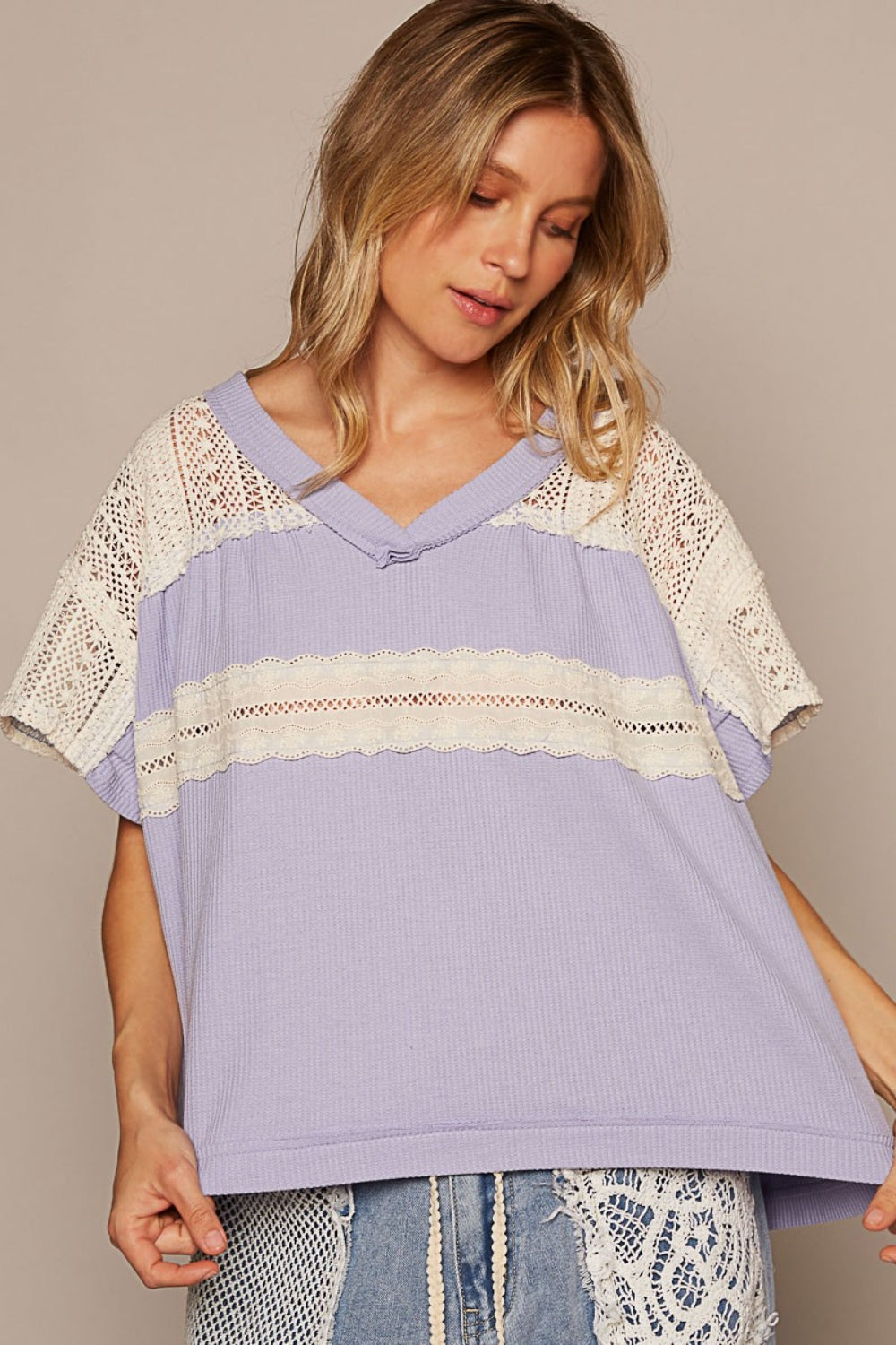 POL V-Neck Short Sleeve Crochet Detail Top - AllIn Computer