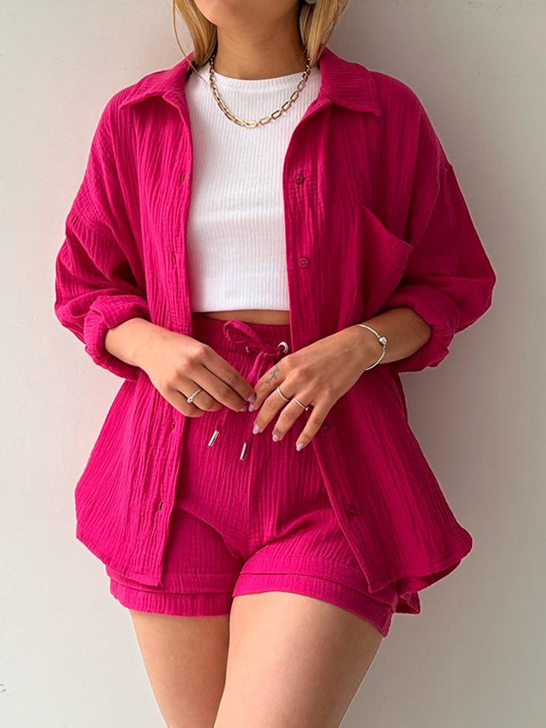 Texture Button Up Shirt and Drawstring Shorts Set - AllIn Computer