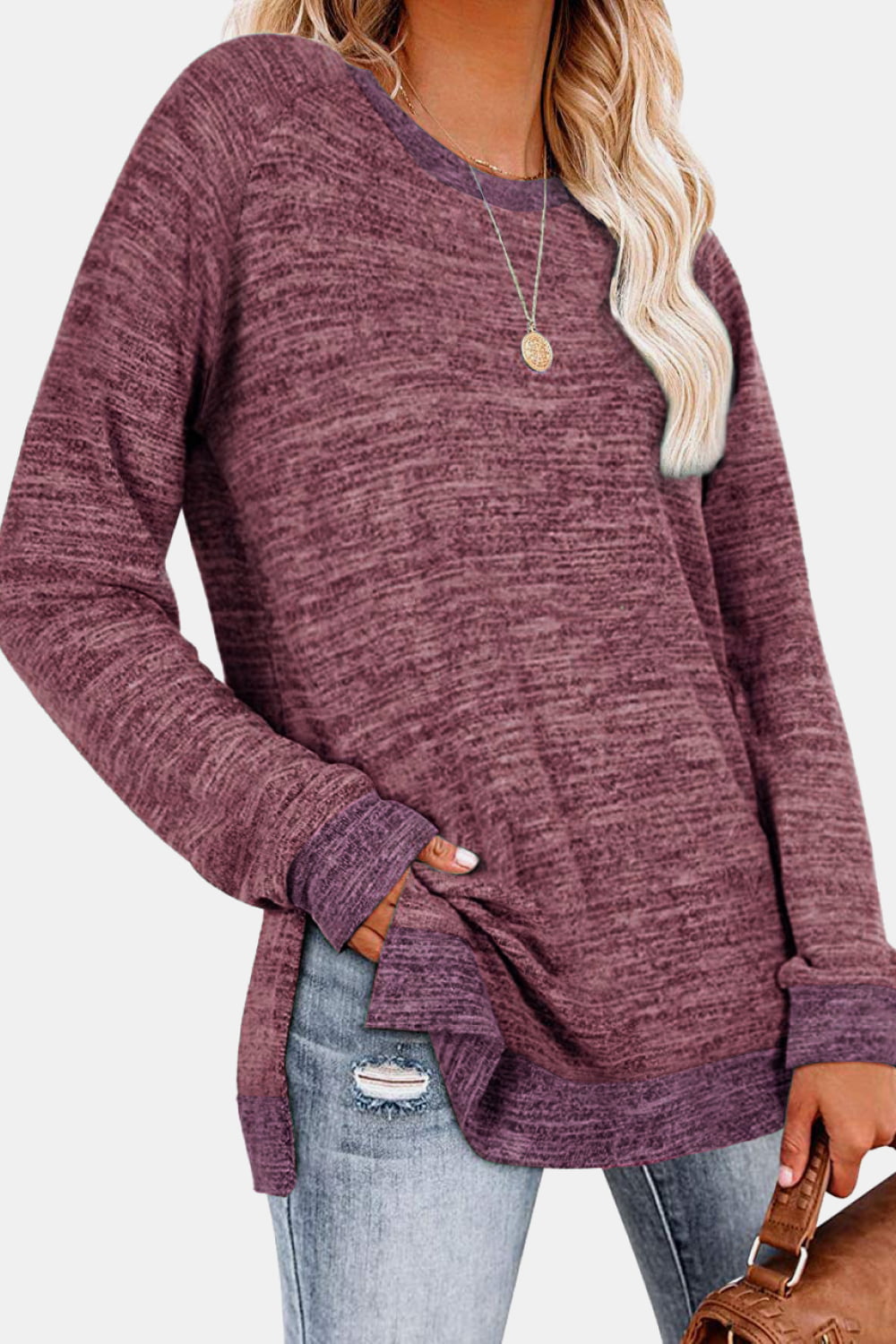 Round Neck Long Sleeve Slit T-Shirt - AllIn Computer